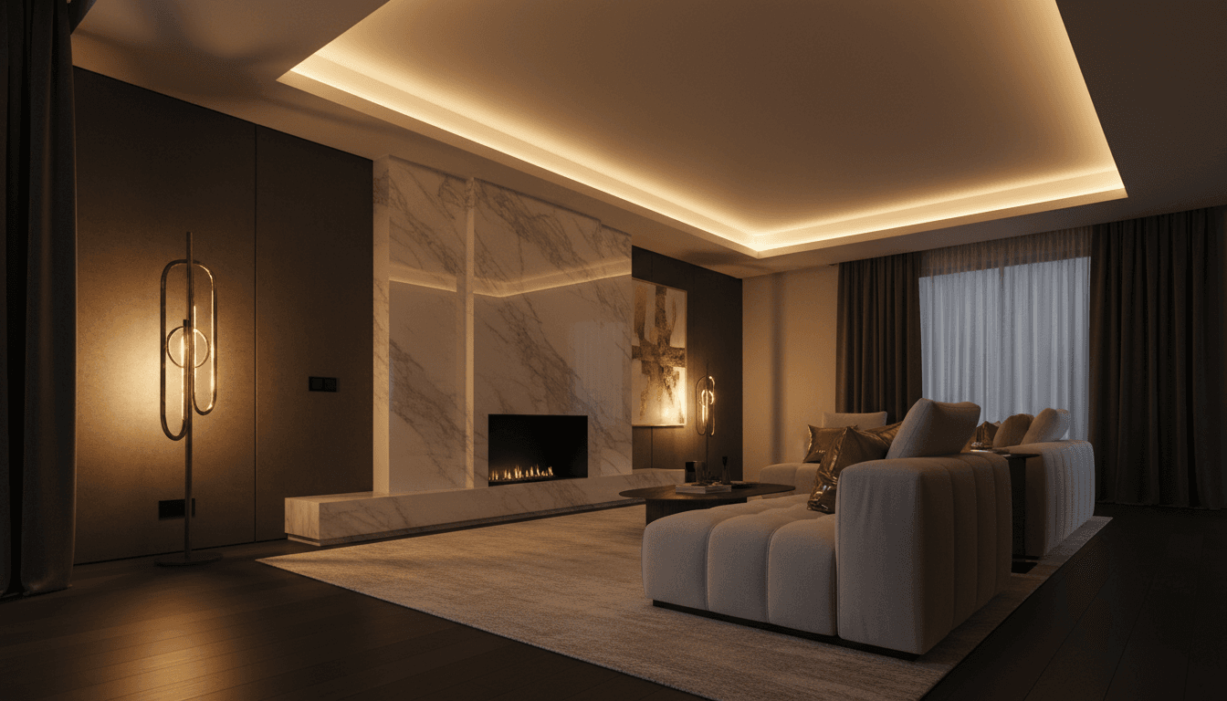 Luxury living room with warm ambient lighting from recessed fixtures and floor lamp