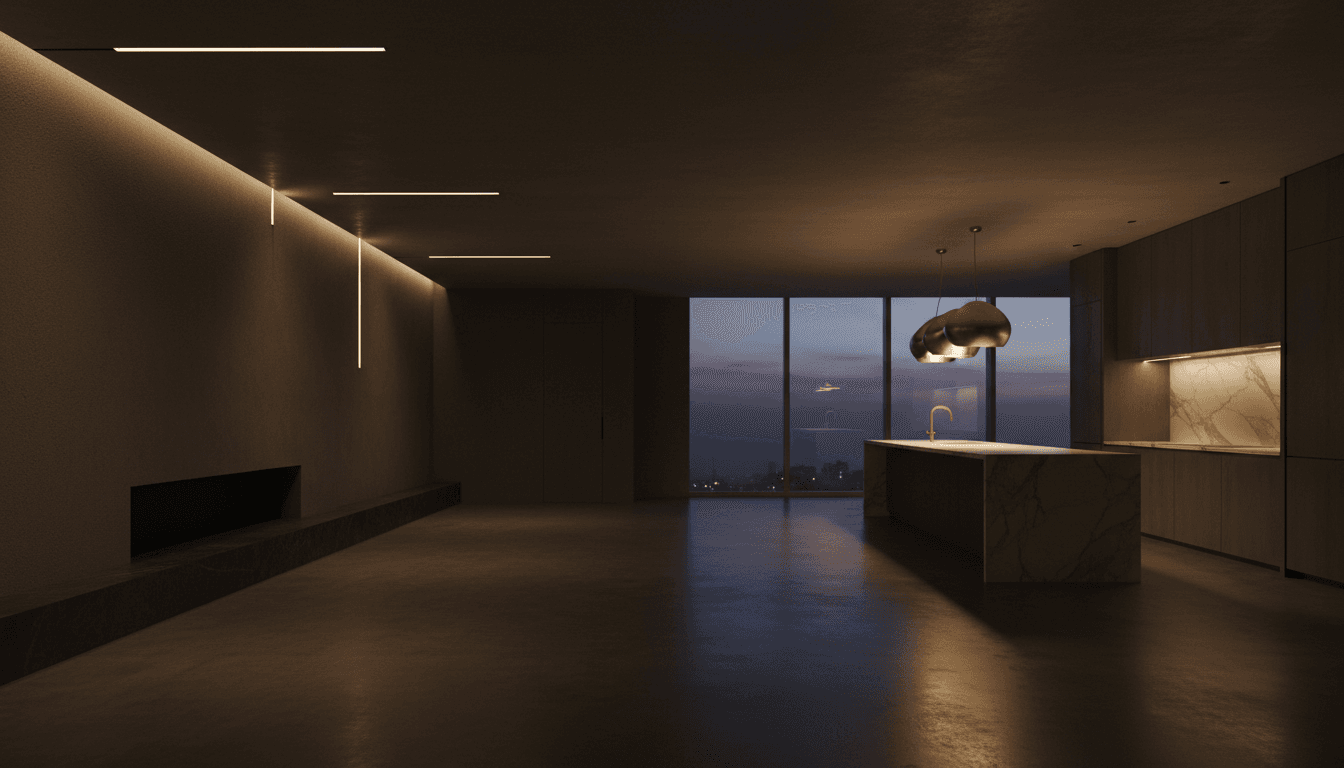 Sleek modern room with warm integrated lighting at twilight
