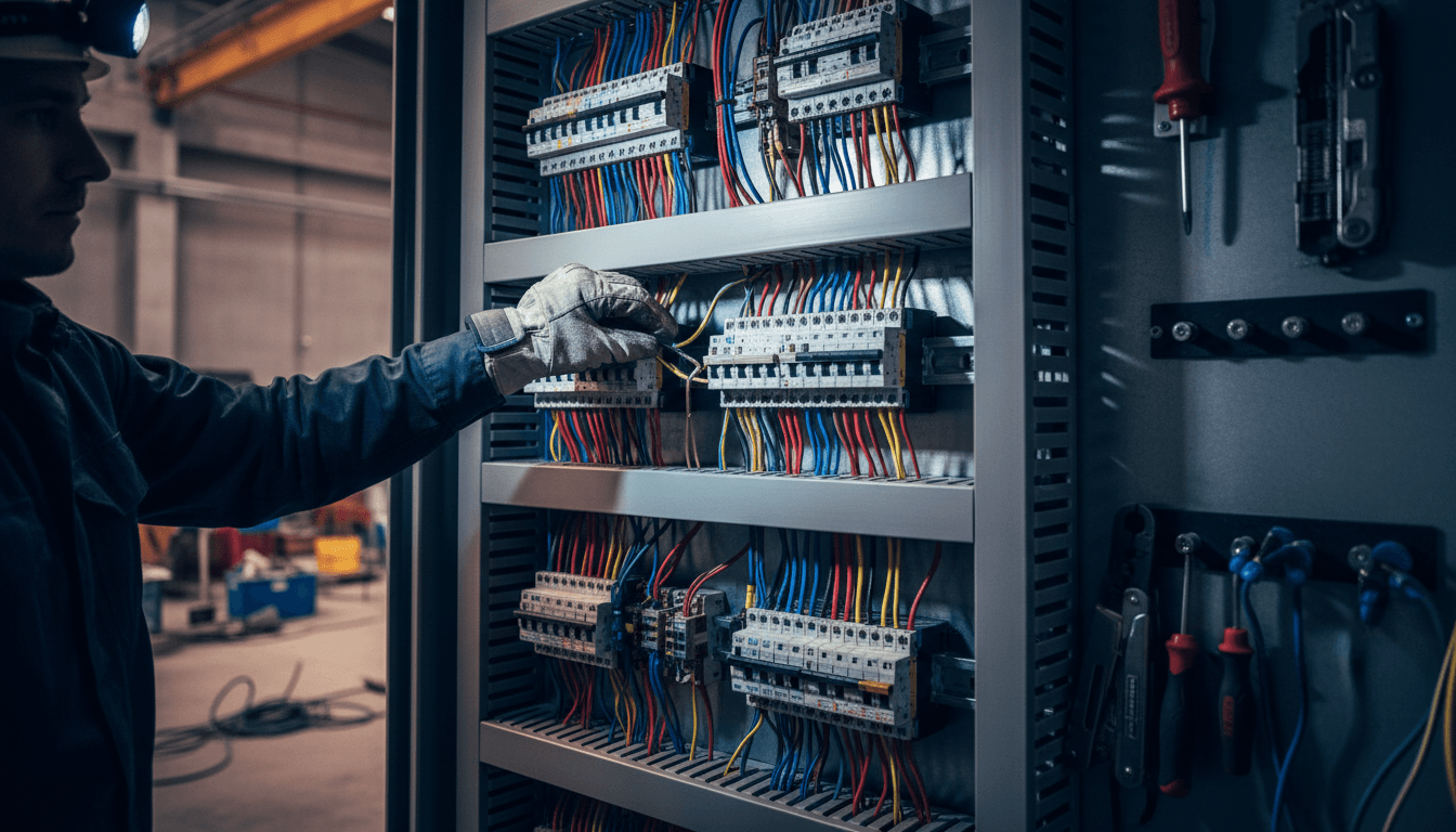 Electrician's hand working on a neatly wired electrical panel