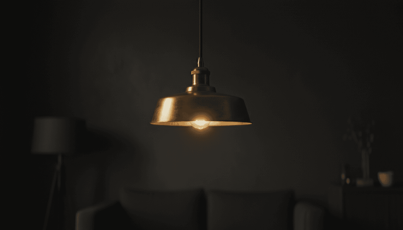 A warm pendant light glowing in a dim, elegant room