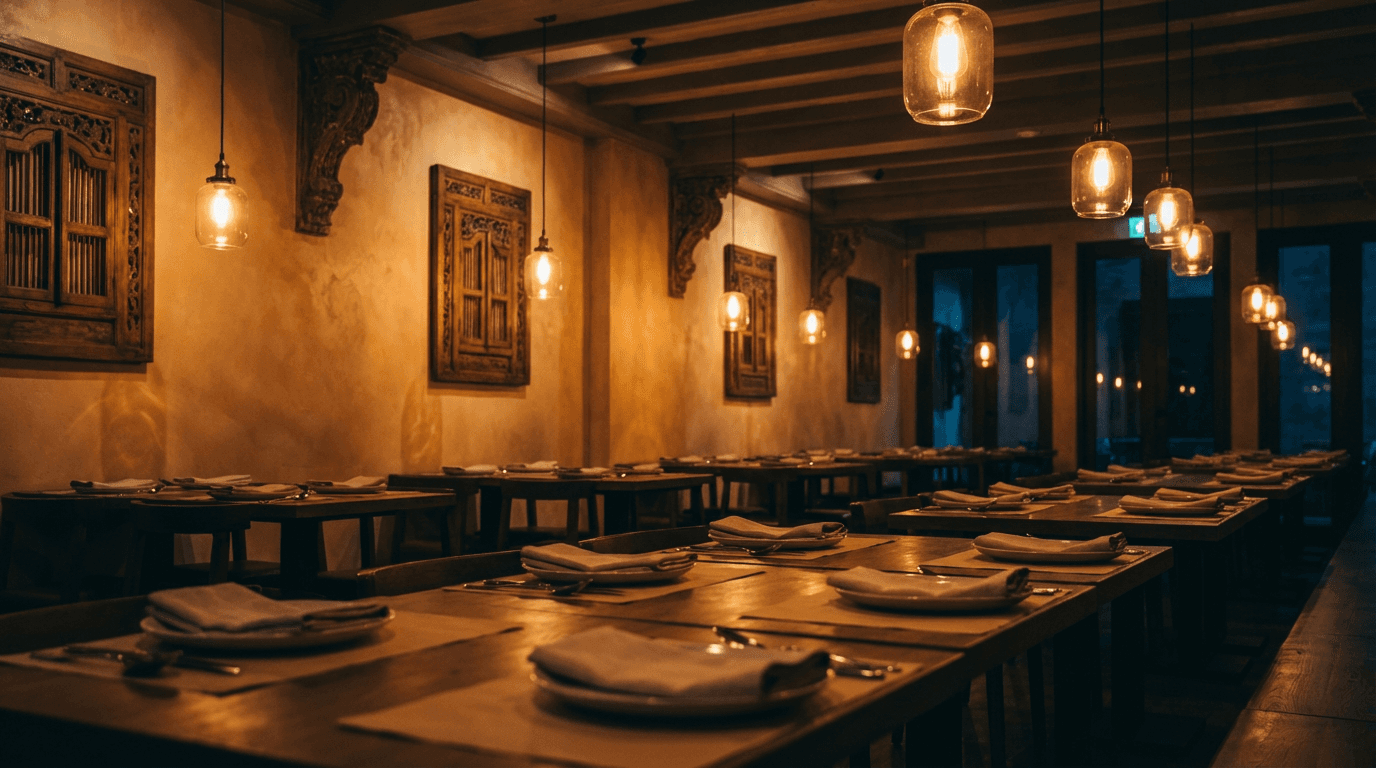 Luxury kitchen at dusk with warm dimmed pendant and under-cabinet lighting