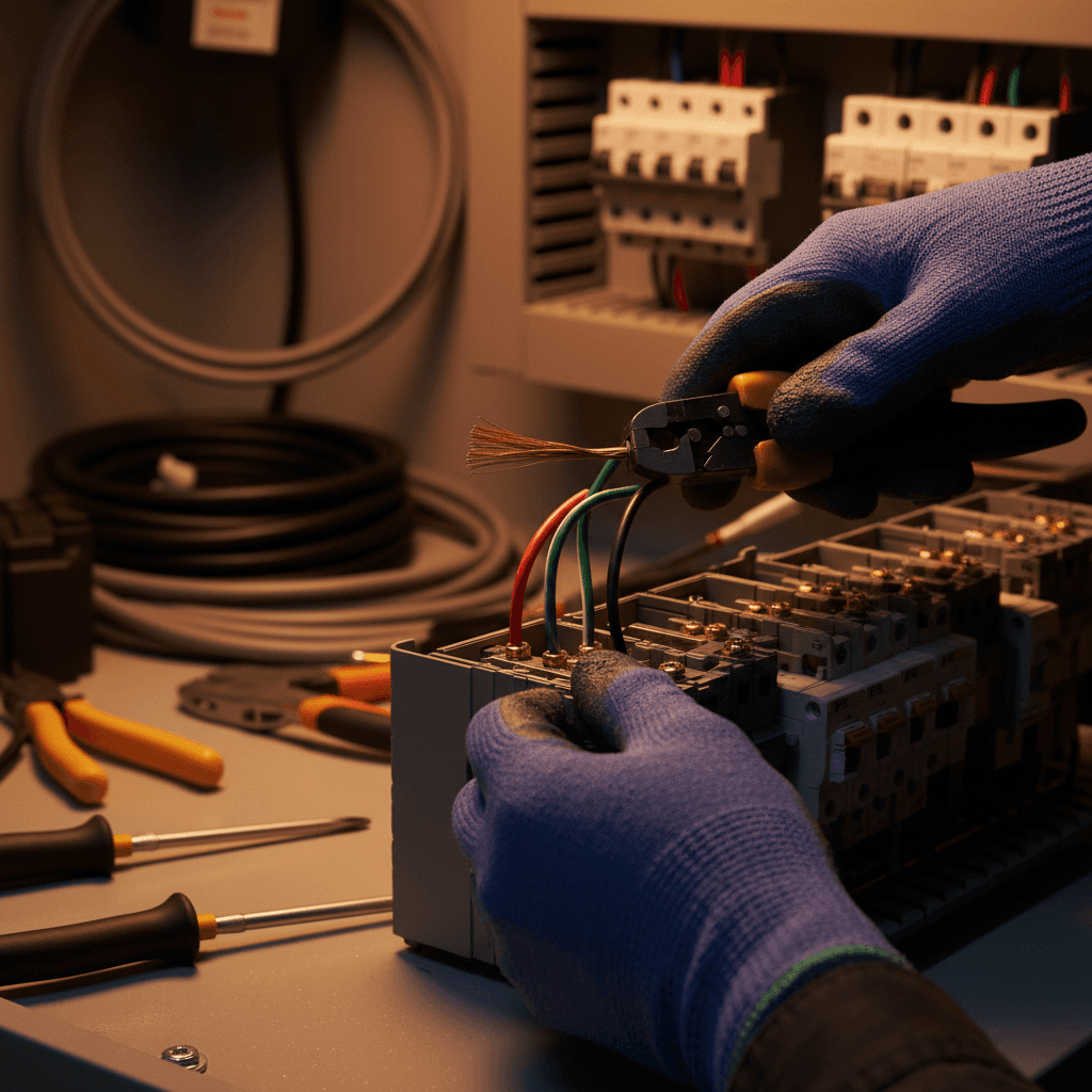 Electrician's hands connecting a wire terminal inside a new electrical panel