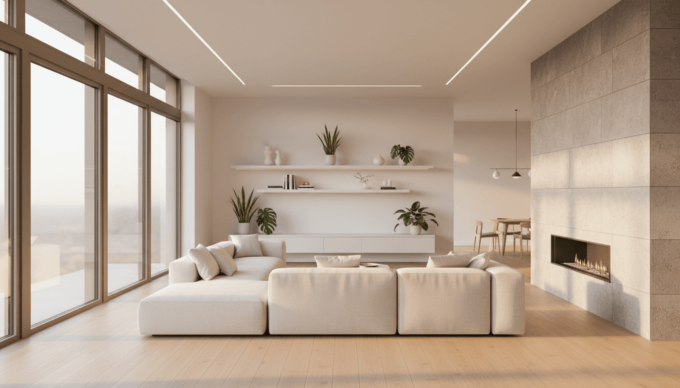 Luxury living room with smart home panel and cable management