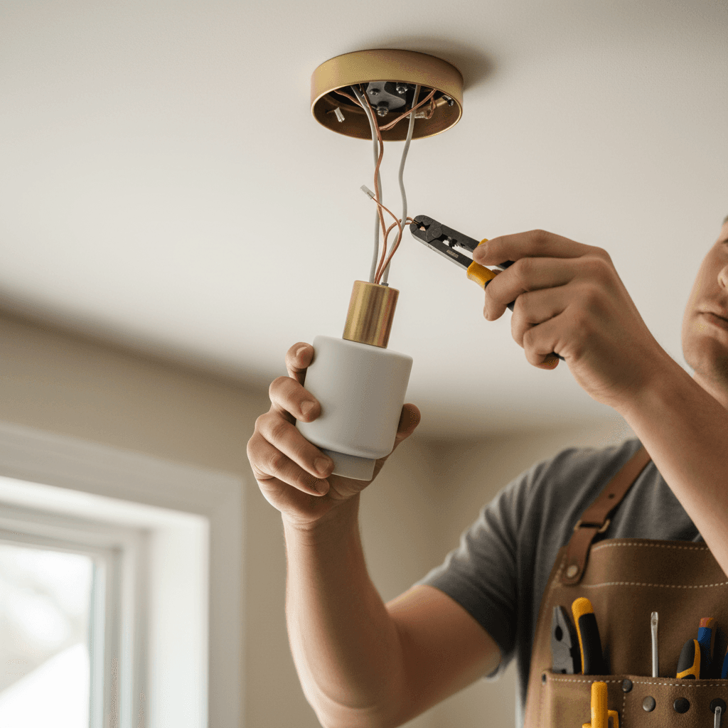 Hands wiring a brass light fixture against a dark wall