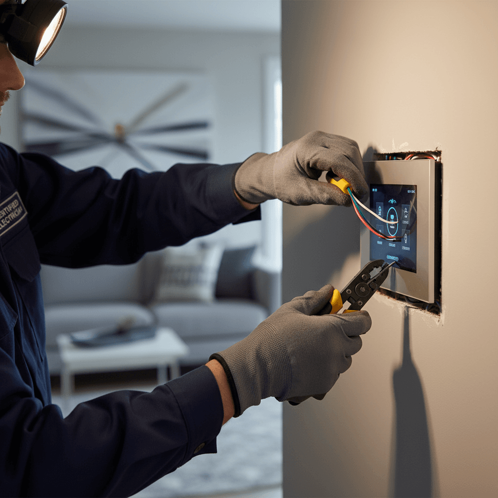 Electrician showing empty breaker slots in a new panel to a homeowner