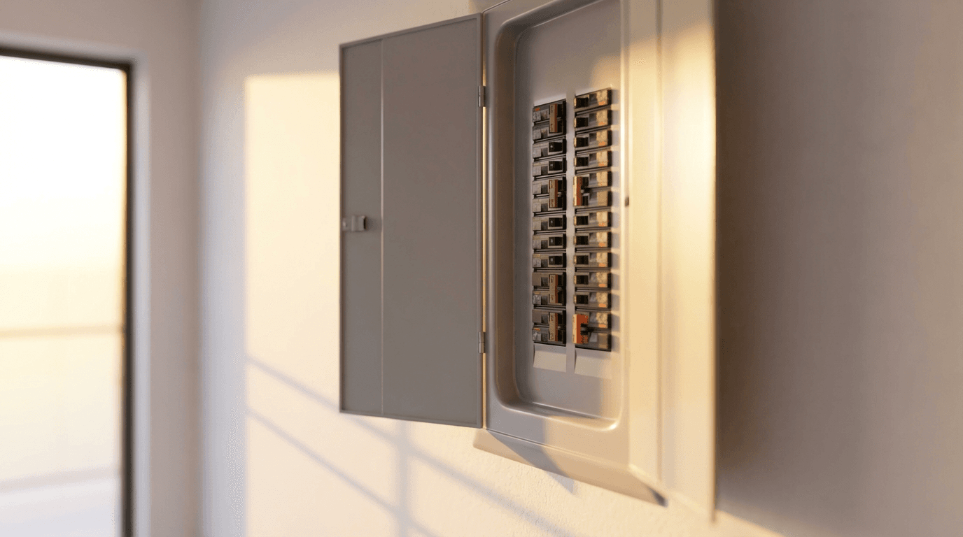 Close-up of a hand on a polished electrical panel in a dim workshop
