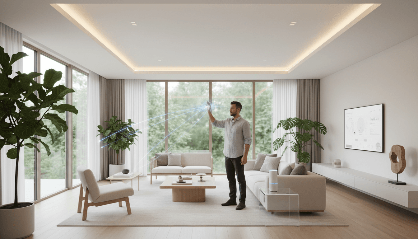 Person adjusting a smart home panel in a bright living room