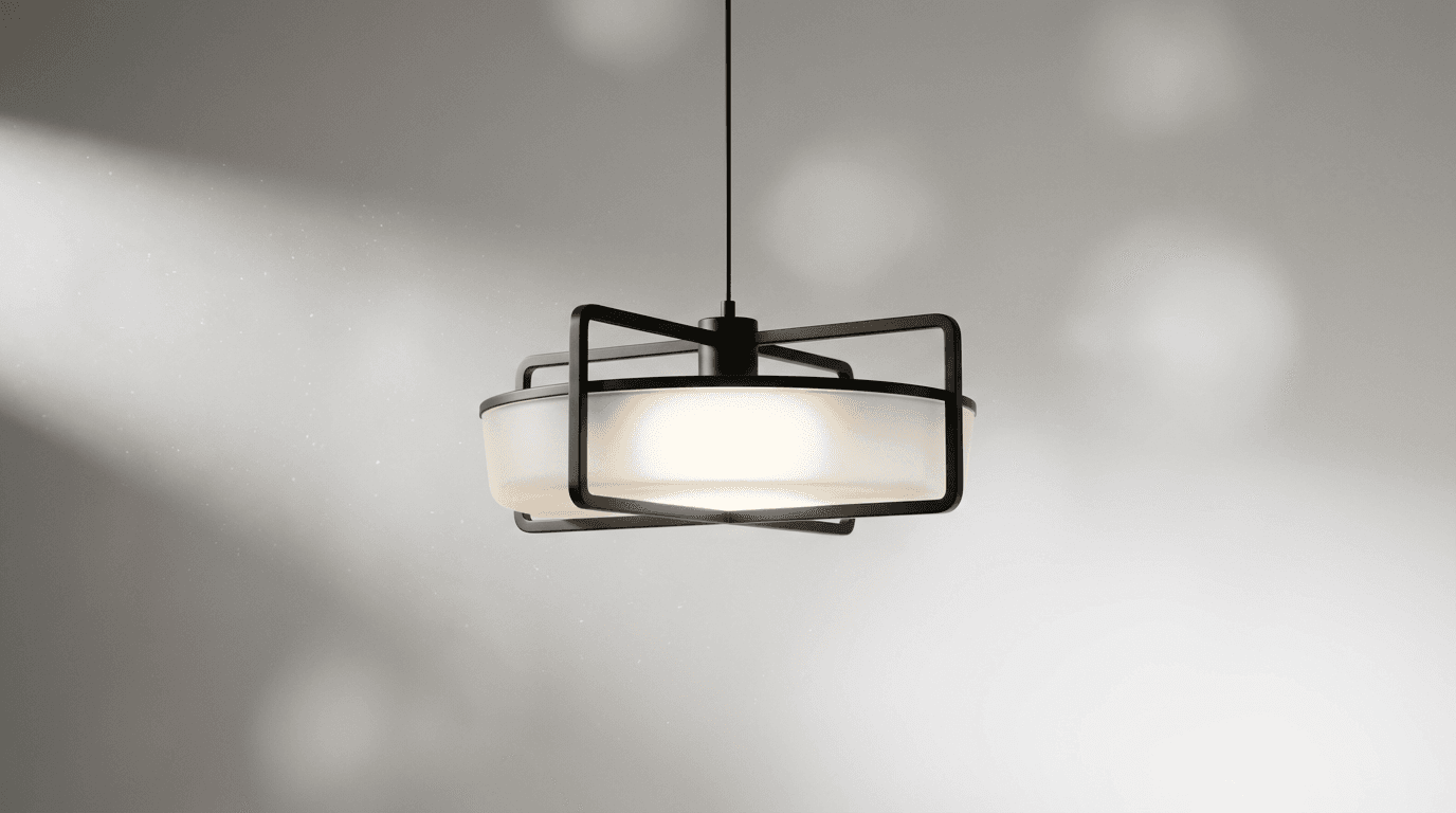 Interior shot of a single pendant light with warm glow against dark wall
